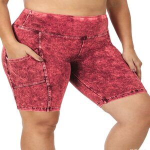 WOMENS PREMIUM PLUS 1X-3X MINERAL WASH WIDE WAISTBAND SHORTS W/POCKETS ROSE